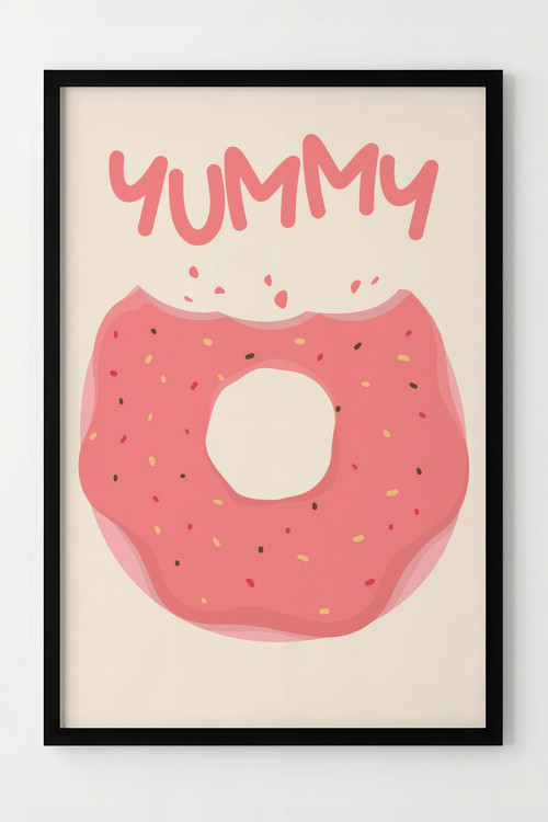 Pembe Donut Tasarımlı Ahşap Çerçeveli Modern Poster