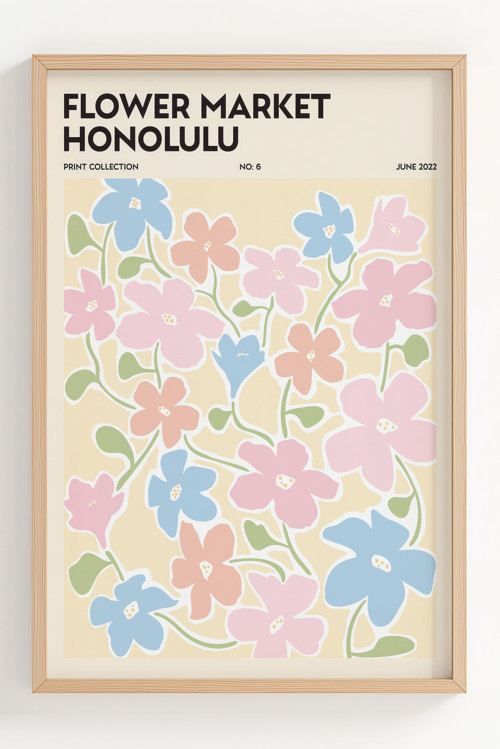 Çerçeveli Renkli Çiçek Desenli Dekoratif Poster - Flower Market Honolulu