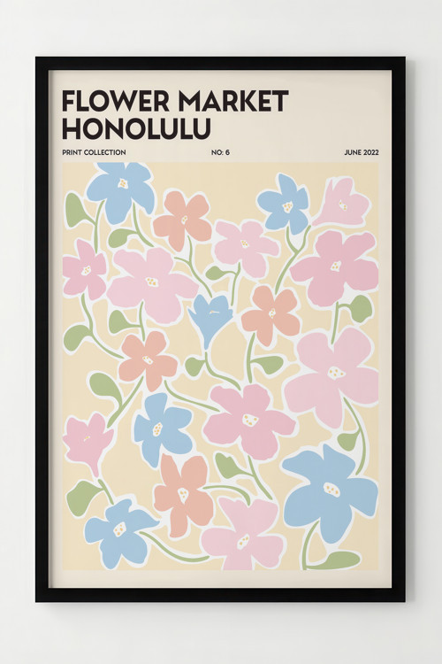 Çerçeveli Renkli Çiçek Desenli Dekoratif Poster - Flower Market Honolulu