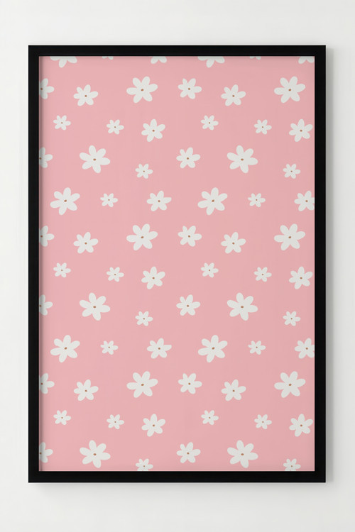 Beyaz Çiçek Desenli Pembe Çerçeveli Modern Poster Dekorasyonu