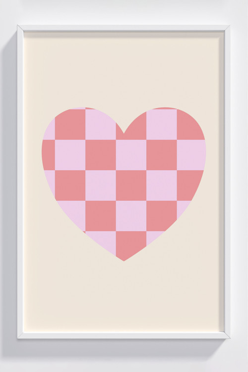 Ahşap Çerçeveli Pembe Kareli Kalp Desenli Dekoratif Poster