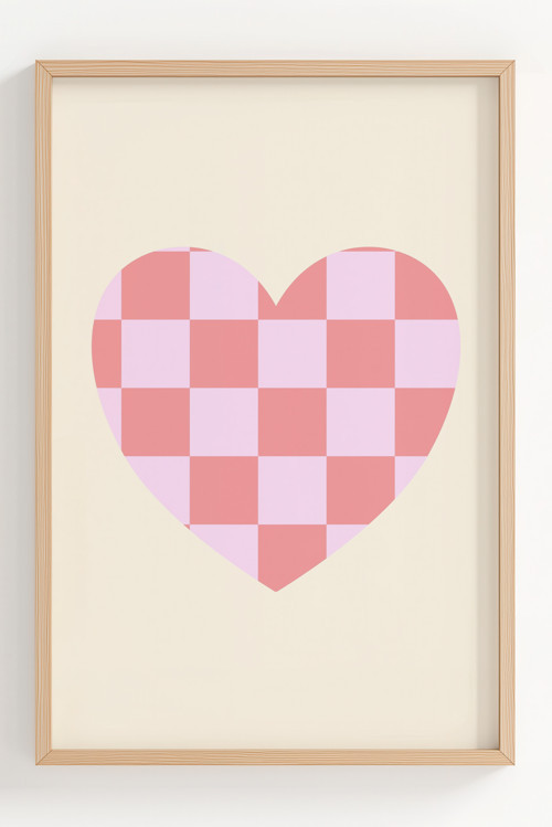 Ahşap Çerçeveli Pembe Kareli Kalp Desenli Dekoratif Poster