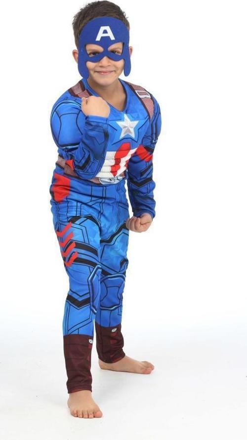 Kaslı Kaptan Amerika Kostümü + Göz Maske - Captain America Kostüm - Dolgulu Captan Amerika Cosplay