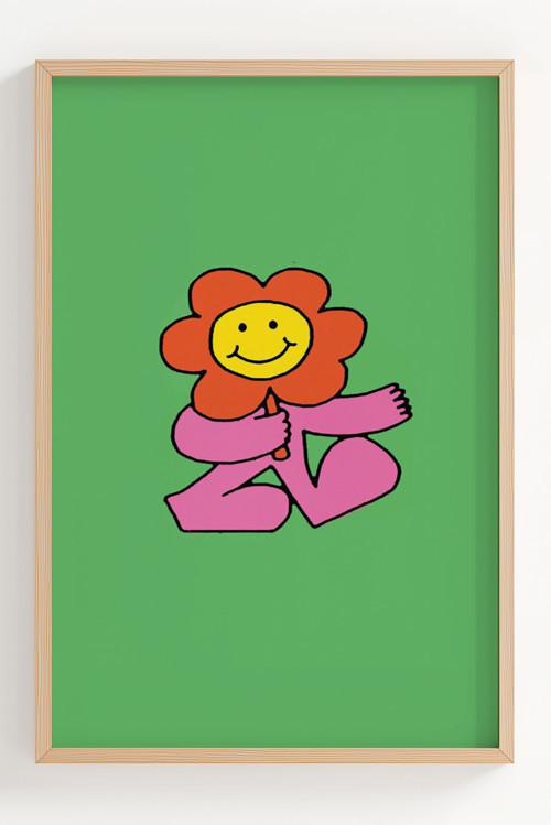 Mutlu Çiçek Desenli Renkli Ahşap Çerçeveli Poster Dekorasyonu