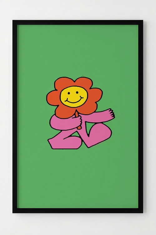Mutlu Çiçek Desenli Renkli Ahşap Çerçeveli Poster Dekorasyonu