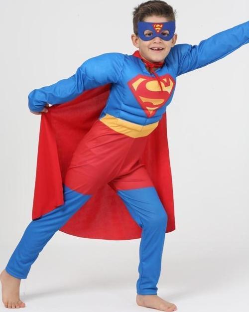 Kaslı Süperman Kostümü + Göz Maske - Süper Adam Kostüm - Dolgulu Superman Cosplay