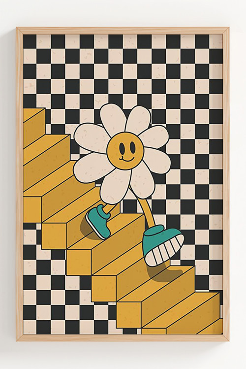 Retro Çiçekli Merdiven Desenli Ahşap Çerçeveli Modern Poster