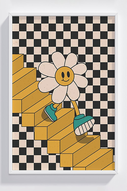 Retro Çiçekli Merdiven Desenli Ahşap Çerçeveli Modern Poster