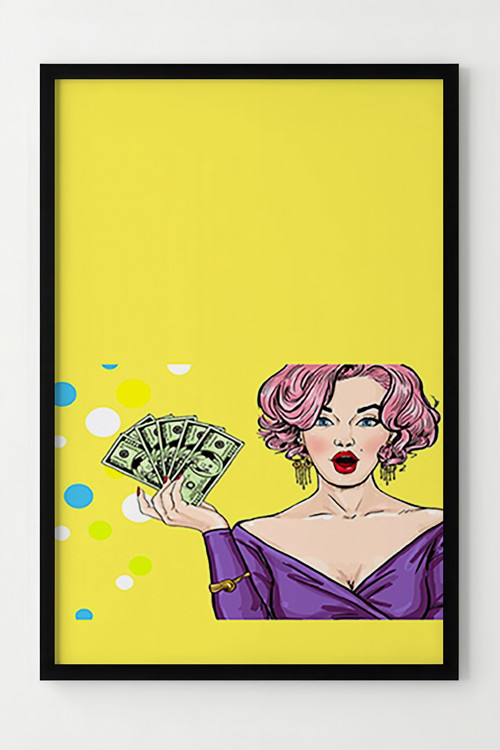 Retro Kadın ve Para Temalı Çerçeveli Pop Art Poster