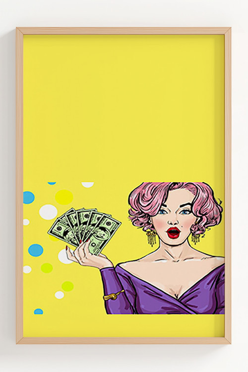 Retro Kadın ve Para Temalı Çerçeveli Pop Art Poster
