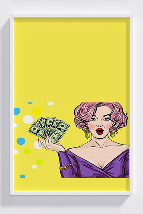 Retro Kadın ve Para Temalı Çerçeveli Pop Art Poster