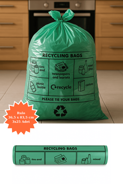 Yeşil Rulo Çöp Poşeti 36,5x83,5 cm 3x25 Adet Ev Mutfak İş Ofis Avantajlı Paket