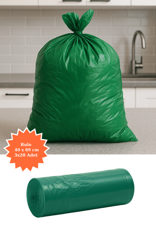 Yeşil Rulo Çöp Poşeti 40x89 cm 3x20 Adet Ev Mutfak İş Ofis Avantajlı Paket