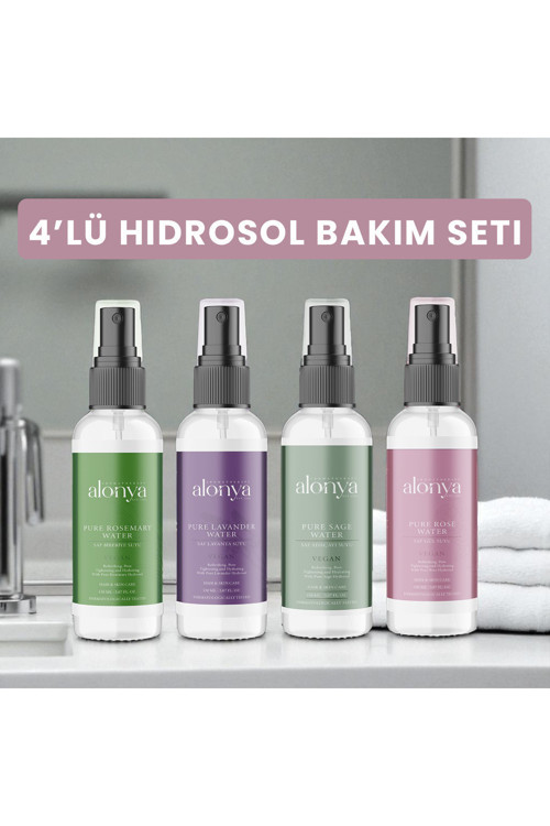4'lü Saf Bitki Hidrosol Bakım Seti – Gül, Lavanta, Biberiye, Adaçayı (150 ml x 4)