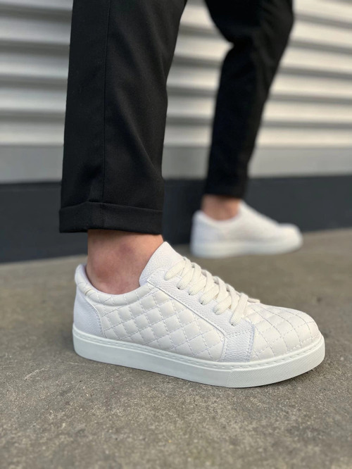 JY166 Prestige Bağcıklı Cilt Kapitone Desenli Erkek Günlük Sneaker Ayakkabı CBT - Beyaz