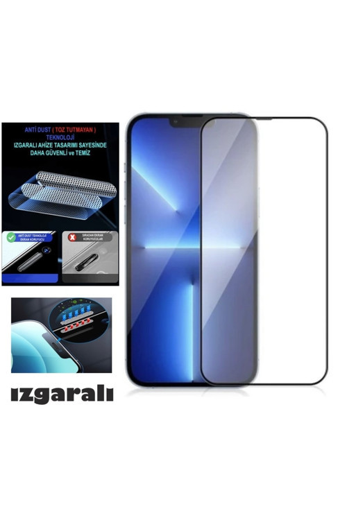Iphone 13 Ekran Koruyucu Toz Filitreli Izgaralı Anti Dust Tam Kaplayan Kırılmaz Cam