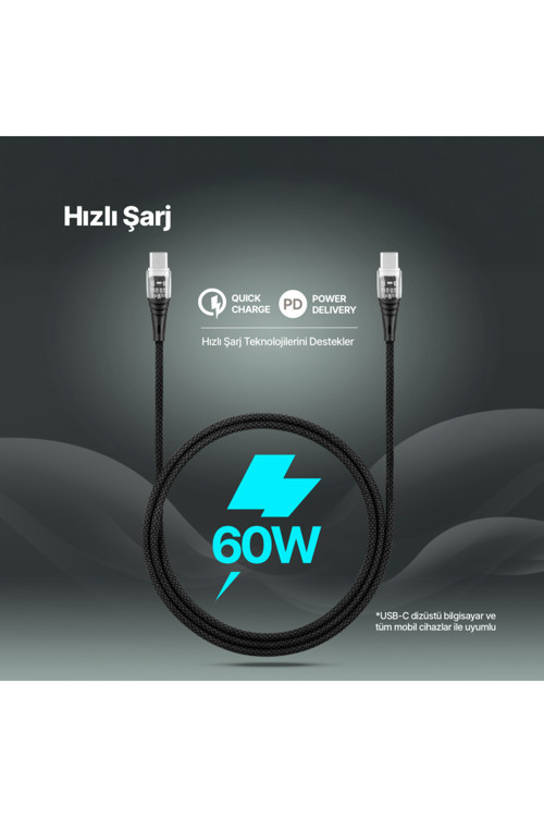 Ekstra Dayanıklı Transparan USB-C –USB-C 60W PD/QC 120cm Hızlı Şarj/Data Kablosu Siyah 2DK58S