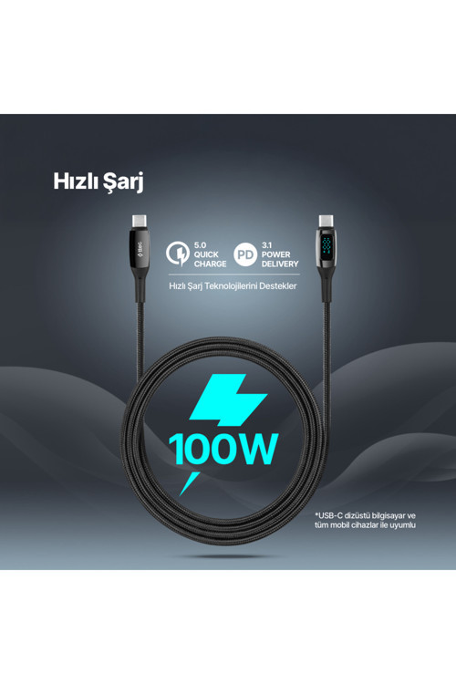 AlumiCable LCD USB-C – USB-C 100W PD/QC 150cm Hızlı Şarj/Data Kablosu ,Siyah