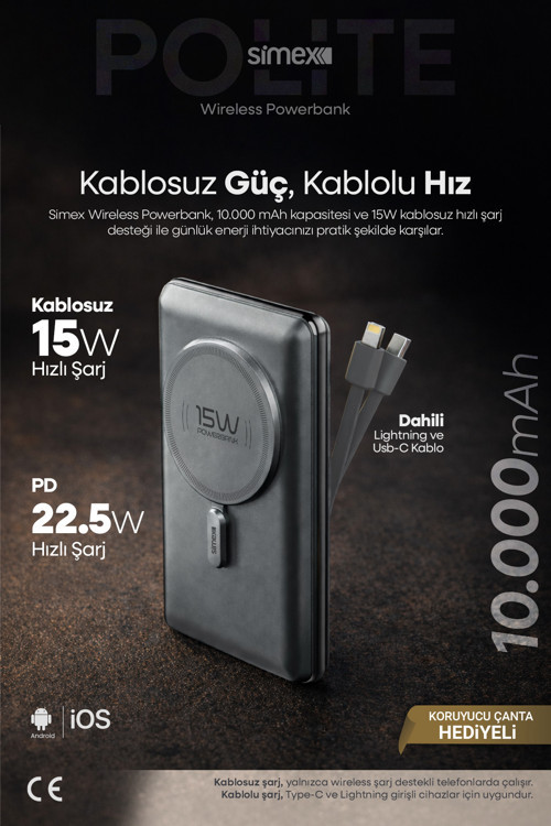 10.000mAh MagSafe Powerbank 15W Wireless / 22.5W Hızlı Şarj - Dahili Type-C Lightning Kablolu S-38