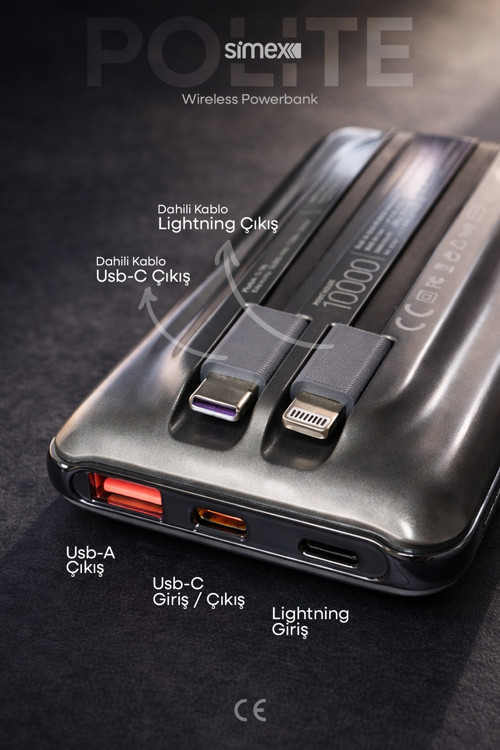 Simex 10.000mAh MagSafe Powerbank 15W Wireless / 22.5W Hızlı Şarj - Dahili Type-C Lightning Kablolu S-38 2