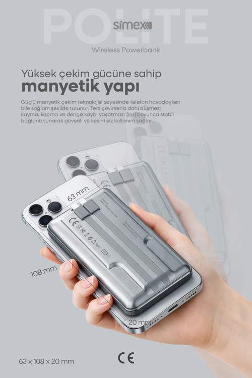 Simex 10.000mAh MagSafe Powerbank 15W Wireless / 22.5W Hızlı Şarj - Dahili Type-C Lightning Kablolu S-38 4