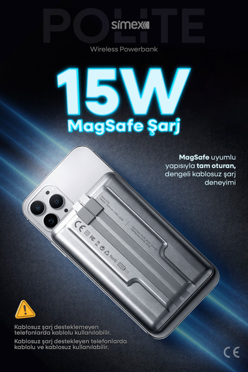 Simex 10.000mAh MagSafe Powerbank 15W Wireless / 22.5W Hızlı Şarj - Dahili Type-C Lightning Kablolu S-38 5