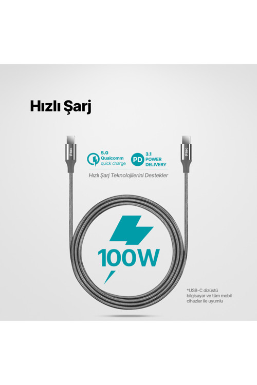 AlumiCable USB-C - USB-C 150cm 100W PD/QC Hızlı Şarj/İPhone 15/15Pro/16/16Pro/16 Pro Max Uyumlu