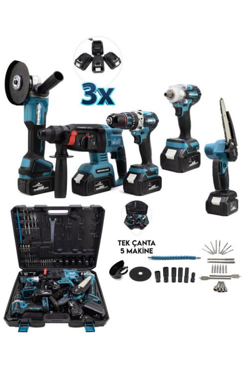 Beşli 5'Li Şarjlı Matkap Seti Spiral Hilti Budama Somun Sıkma Kömürsüz Motor 3X Batarya