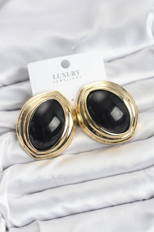 Pirinç Siyah Badem Model Vintage Gold Kadın Küpe