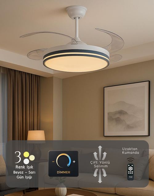 German Kuhle Antrasit Tavan Vantilatörü 3 Renk Led Gizli Pervaneli Kumandalı Dimmer Ayarlı Bl Sistem Isınmaz Motor