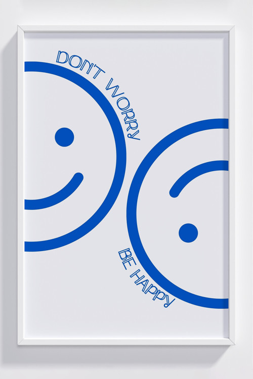 Çerçeveli Mavi Minimalist Don't Worry Be Happy Duvar Posteri