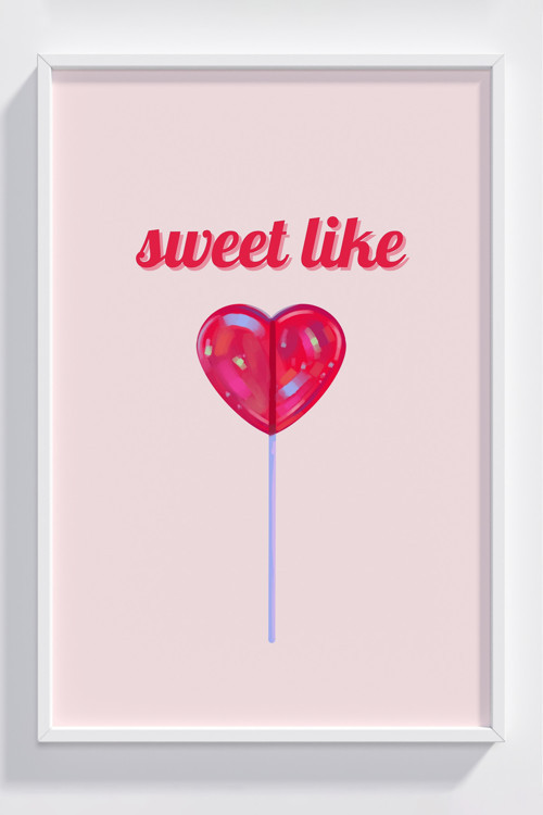 Kalp Şeklinde Tatlı Lolipop Tasarımlı Çerçeveli Poster - Modern Duvar Dekoru