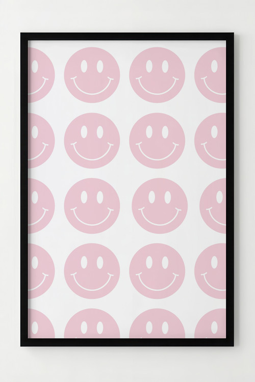 Pembe Gülümseyen Yüz Desenli Ahşap Çerçeveli Poster Dekor