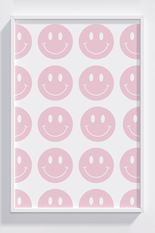Pembe Gülümseyen Yüz Desenli Ahşap Çerçeveli Poster Dekor