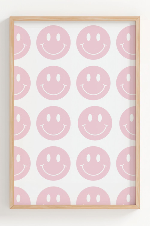 Pembe Gülümseyen Yüz Desenli Ahşap Çerçeveli Poster Dekor