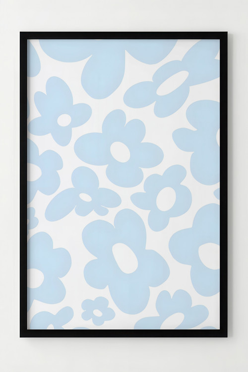Mavi Çiçek Desenli Ahşap Çerçeveli Poster - Modern Duvar Dekoru