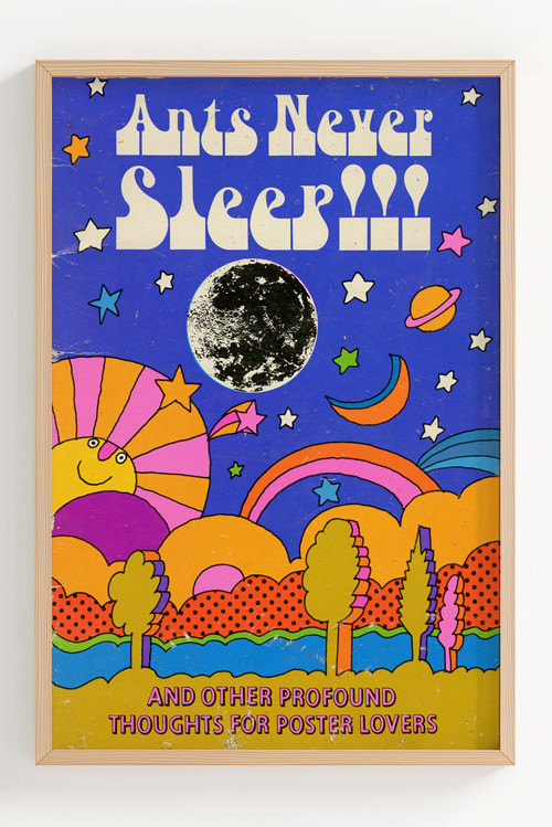 Renkli Retro Tasarım Ahşap Çerçeveli Poster – Ants Never Sleep Motivasyonlu Duvar Dekoru