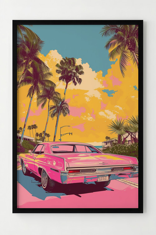 Retro Pembe Klasik Araba ve Palmiye Ağacı Çerçeveli Poster
