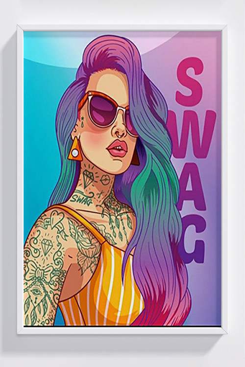 Renkli Dövmeli Kadın Tasarımlı Çerçeveli Poster - Modern Duvar Dekoru