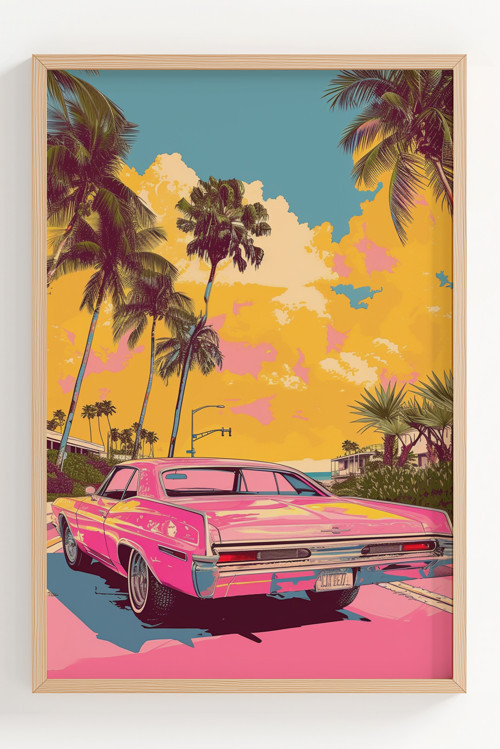 Retro Pembe Klasik Araba ve Palmiye Ağacı Çerçeveli Poster