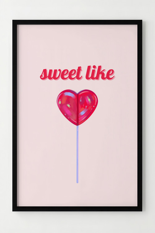 Kalp Şeklinde Tatlı Lolipop Tasarımlı Çerçeveli Poster - Modern Duvar Dekoru