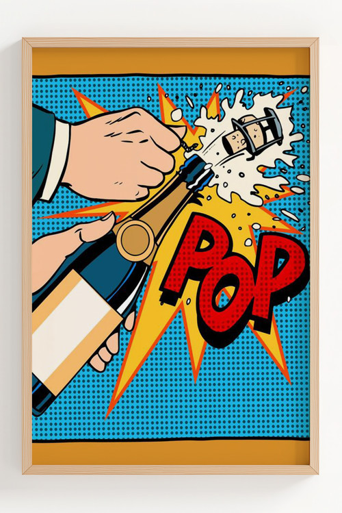 Pop Art Şampanya Patlatma Çerçeveli Poster - Dekoratif Duvar Tablosu
