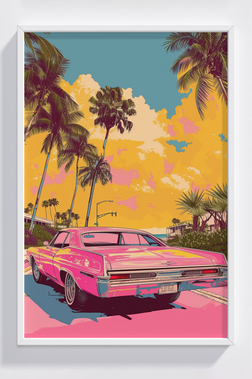 Retro Pembe Klasik Araba ve Palmiye Ağacı Çerçeveli Poster
