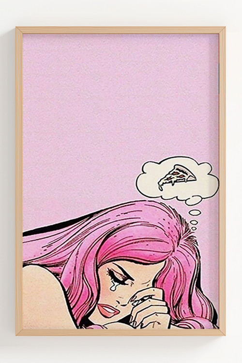 Pembe Saçlı Kadın ve Pizza Düşü Çerçeveli Pop Art Poster Dekor