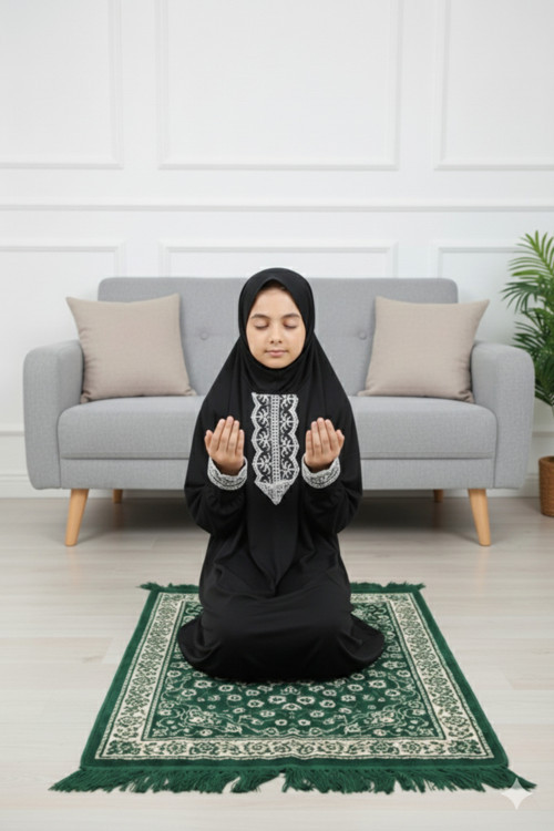 Kendinden Başörtülü Dantelli Kız Çocuk Namaz Elbisesi