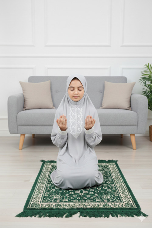 Kendinden Başörtülü Kız Çocuk Namaz Elbisesi Düz Renk