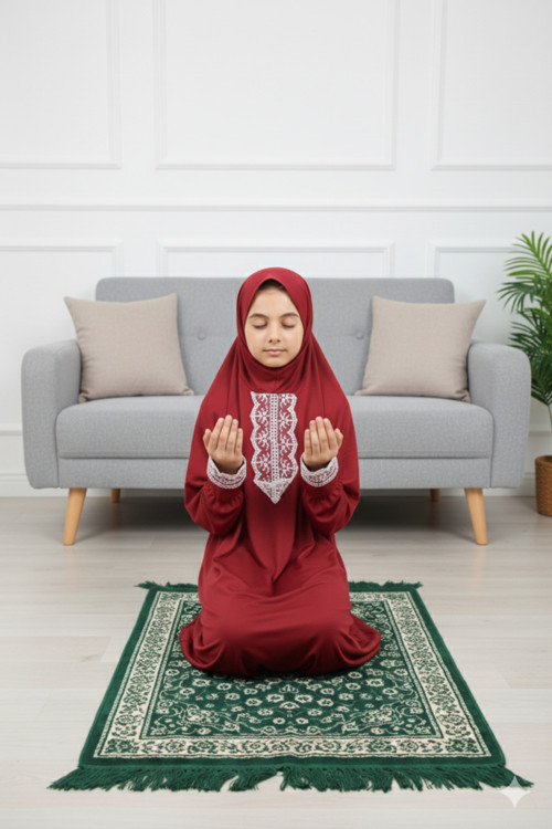 Kendinden Başörtülü Kız Çocuk Namaz Elbisesi Düz Renk