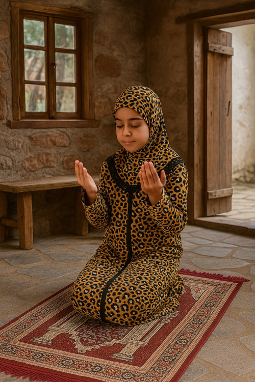 Kendinden Başörtülü Fermuarlı Kız Çocuk Namaz Elbisesi