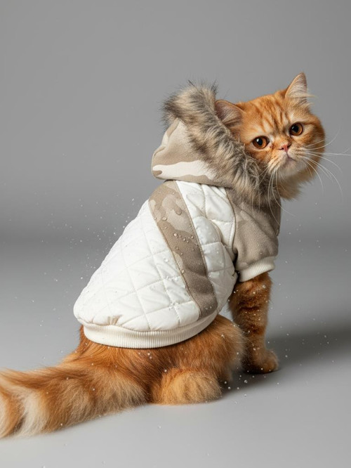 Kmauflaj Desenli Creamy Camo Kedi Montu Kışlık Ceket