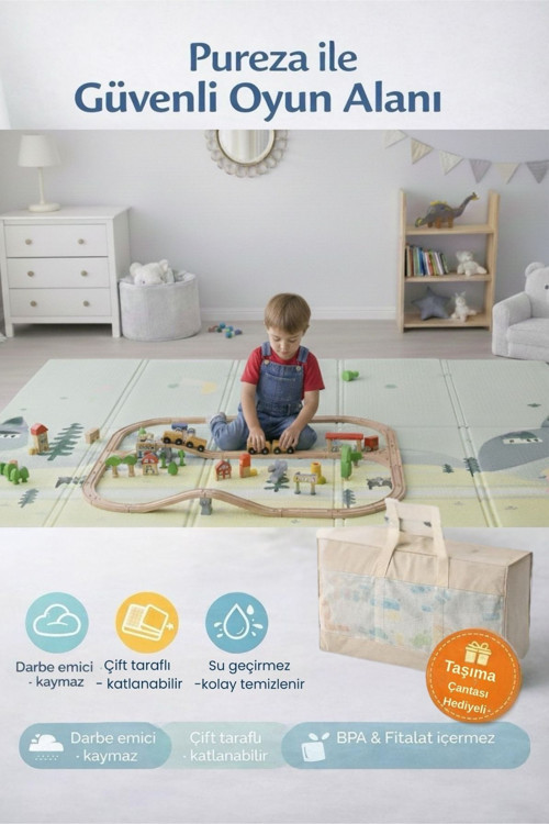 Çift Taraflı Katlanabilir Oyun Matı 200cmx130cmx1cm Kaymaz, Darbe Emici, Su Geçirmez, Bebek ve Çocuklar İçin |Taşıma Çantası Hediyeli (Yerli Üretim)